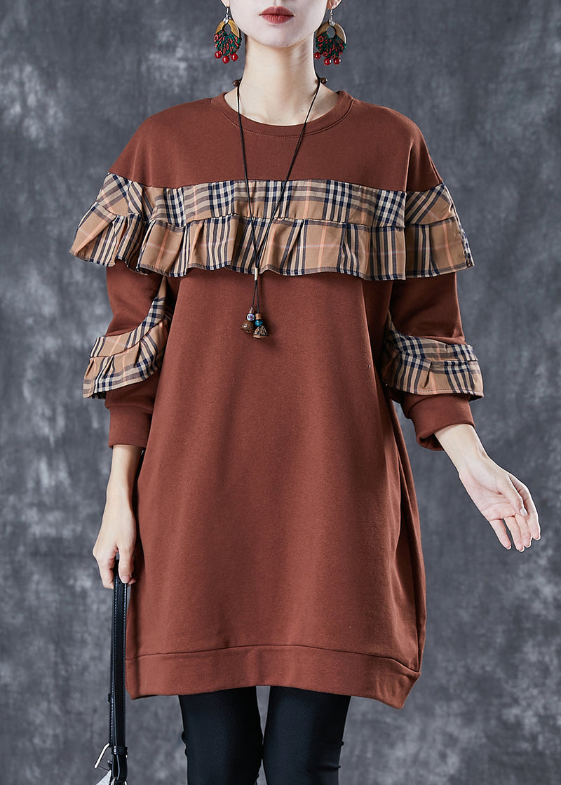 Brown Ruffled Patchwork Cotton Sweatshirts Dress Fall