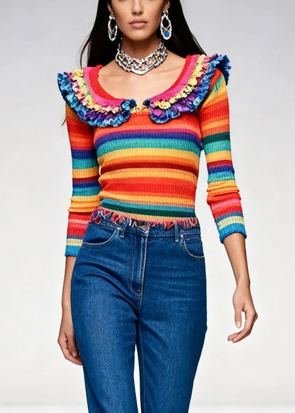 Novelty Rainbow Striped Ruffled Knit Sweaters Spring