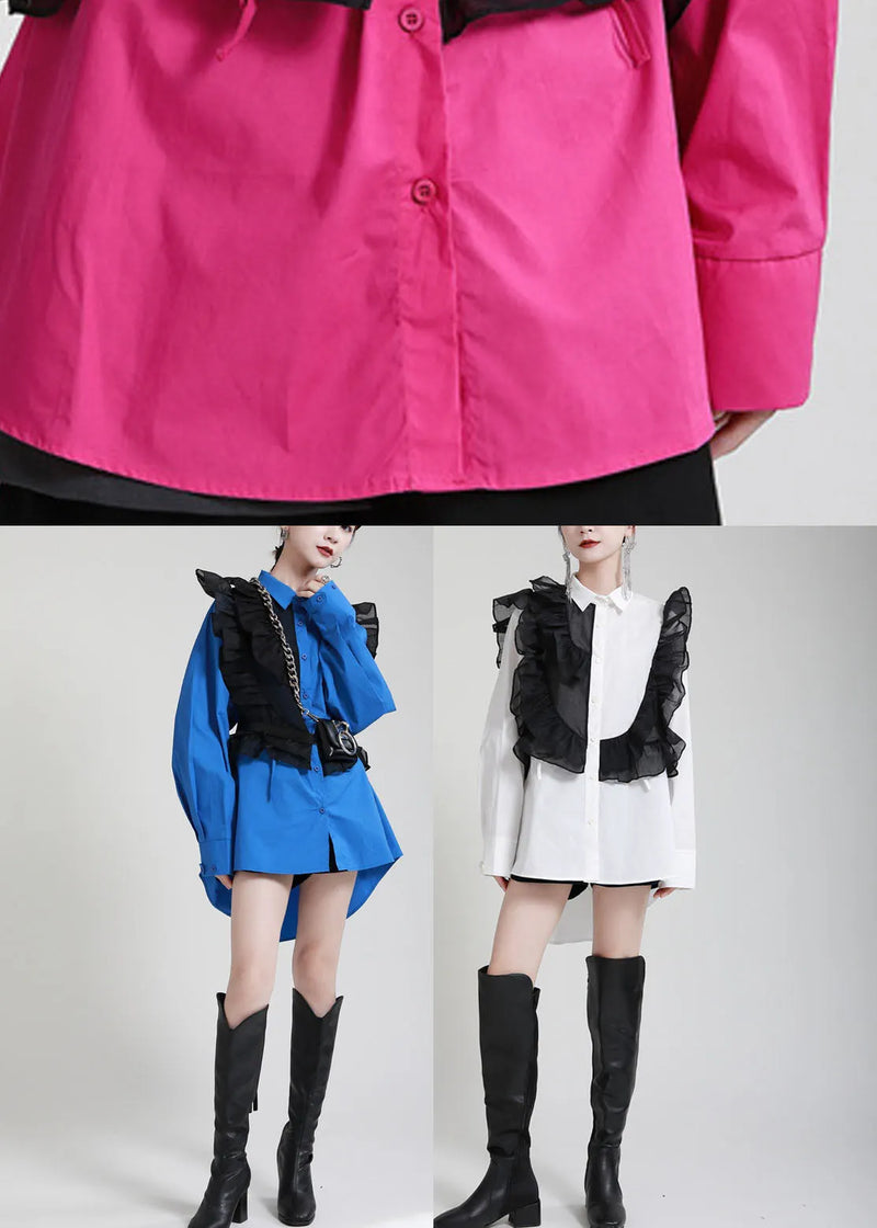 Stylish Blue Button Patchwork Asymmetrical Design Fall Long Sleeve Blouses