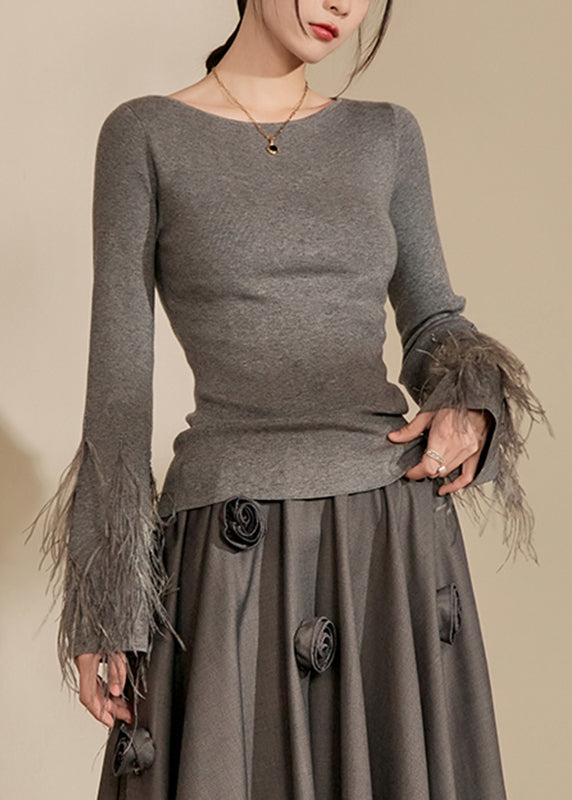 Fitted Grey O-neck Tassel Cotton Knit Sweaters Spring