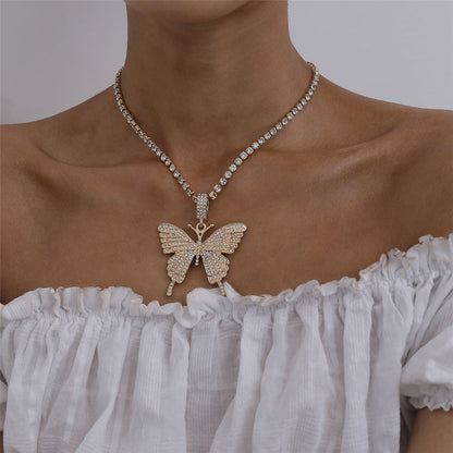 Butterfly Pendant Necklace Rhinestones With Crystal Chain
