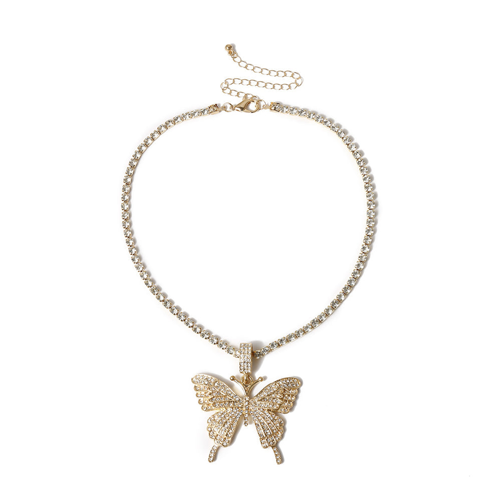 Butterfly Pendant Necklace Rhinestones With Crystal Chain