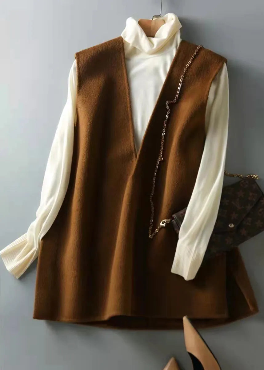 Brown Chocolate Side Open Button V Neck Woolen Vest Sleeveless