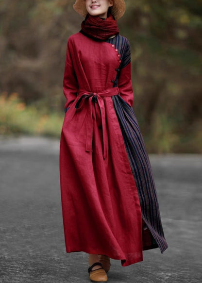 Red Pockets Tie Waist Patchwork Cotton Long Dresses Spring