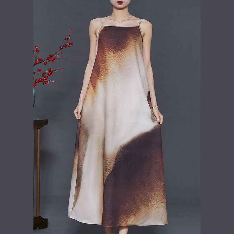 Brown Tie Dye Draping Silk Spaghetti Strap Dress Summer
