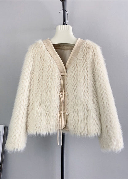 Apricot V Neck Tasseled Patchwork Mink Velvet Jacket Winter