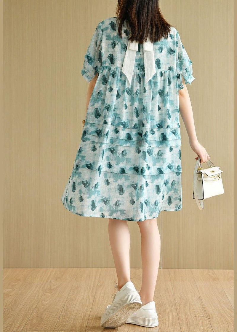Green Peter Pan Collar Print Summer Cotton Dress Short Sleeve