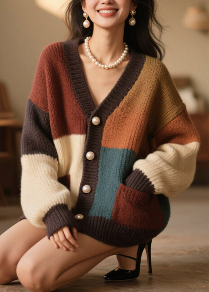 Colorblock Button Pockets Knit Cardigan Fall