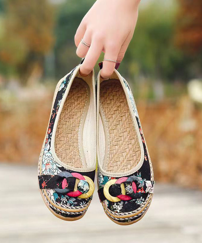 Black Cotton Fabric Print Splicing Wedge Heels Soofairy Shoes-20251
