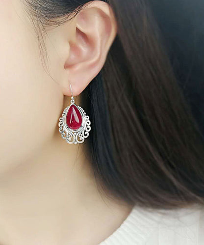 Red Sterling Silver Hollow Out Jade Water Drop Drop Earrings