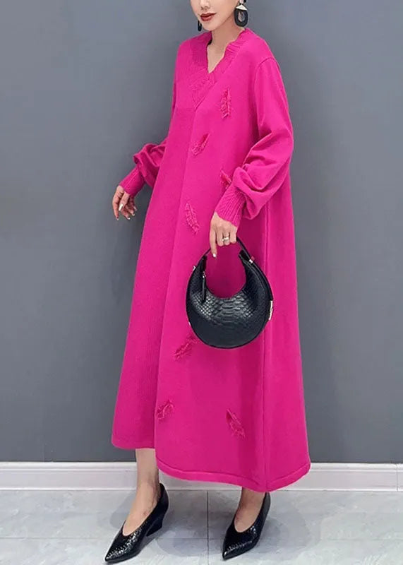 Pink V Neck Knit Long Dress Long Sleeve