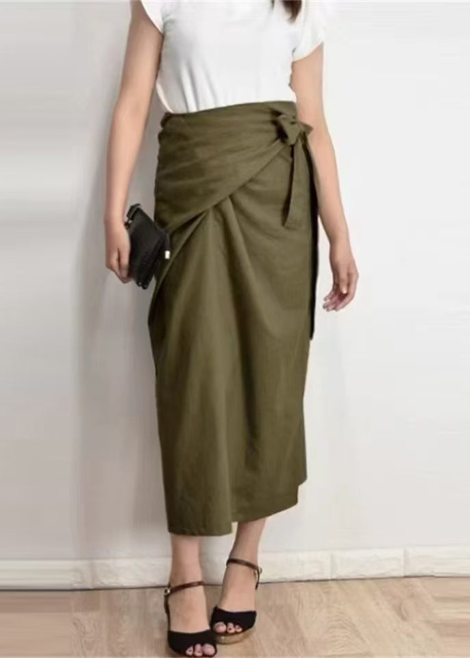 Army Green Asymmetrical Linen Skirts Summer