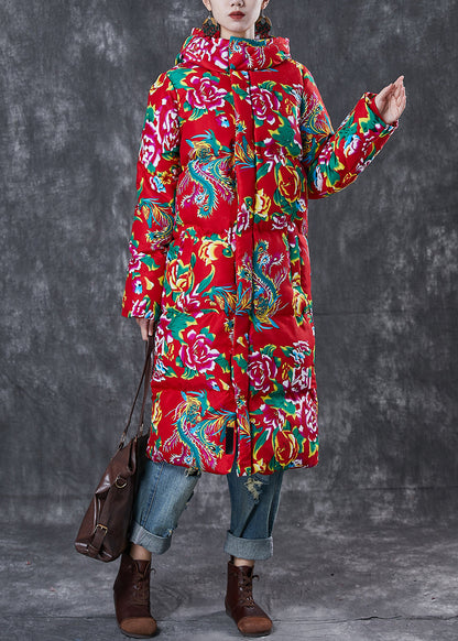 Art Red Hooded Print Fine Cotton Filled Witner Jacket Winter