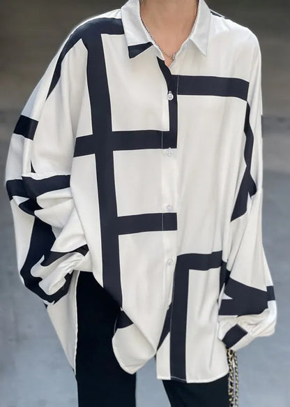 White Asymmetrical Striped Patchwork Cotton Tops Long Sleeve
