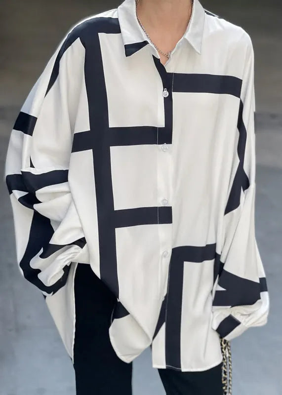 White Asymmetrical Striped Patchwork Cotton Tops Long Sleeve