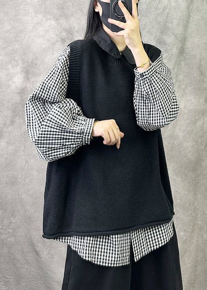 Loose Black O Neck Cozy Knit Waistcoat Sleeveless
