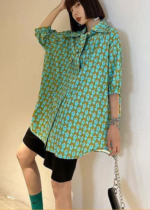 Green Print Button Short Sleeve Cotton Top