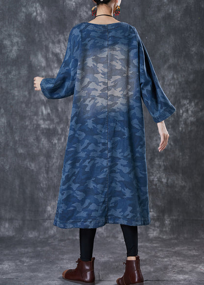 Blue Camouflage Print Chinese Button Denim Dress Spring