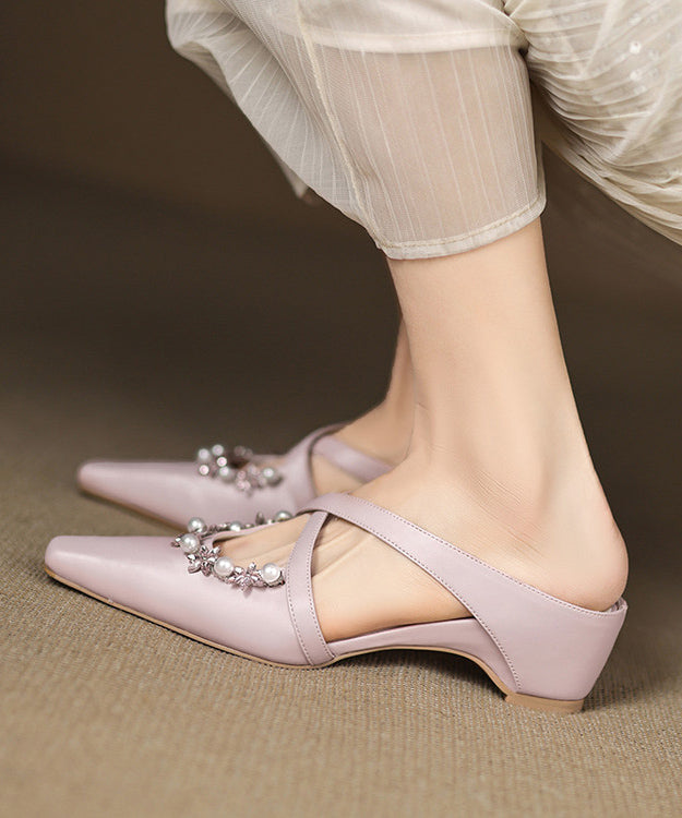 Pink Wedge Sheepskin Splicing Slide Sandals Zircon Nail Bead