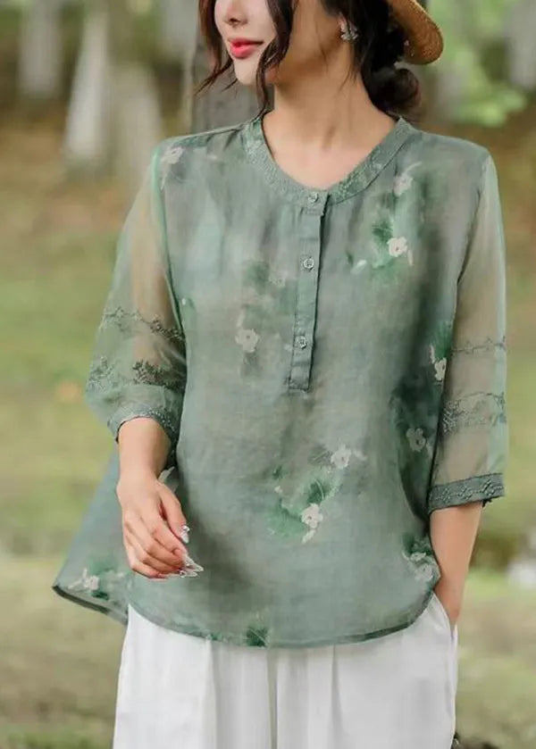 Orange Embroideried Patchwork Print Linen Shirt Top Half Sleeve