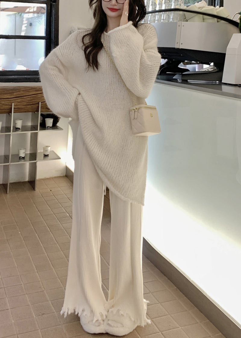 Beige O-neck Thick Cotton Knit Waistcoat Sweaters and Trousers Three Piece Set Winter