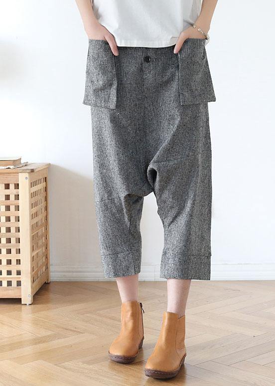 Grey Asymmetrical Design Pockets Cotton Crop Pants