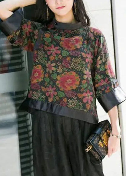 Modern Black Stand Collar Button Print Patchwork Silk Tops Spring