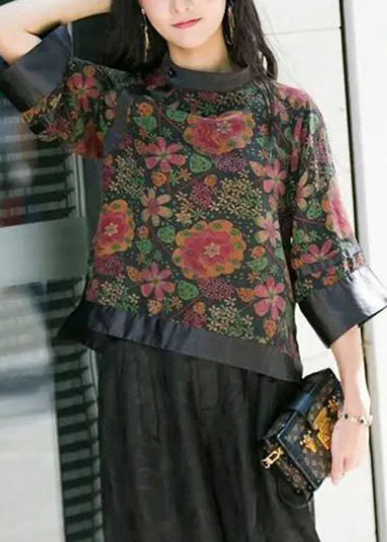 Modern Black Stand Collar Button Print Patchwork Silk Tops Spring