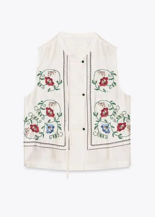 White Embroidered Tassel Cotton Top Sleeveless