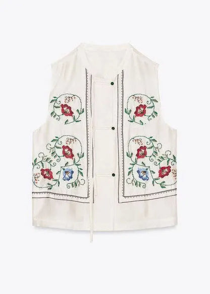 White Embroidered Tassel Cotton Top Sleeveless