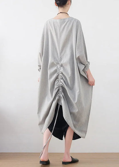Light Grey Drawstring Asymmetrical Pockets Cotton Tops Batwing Sleeve