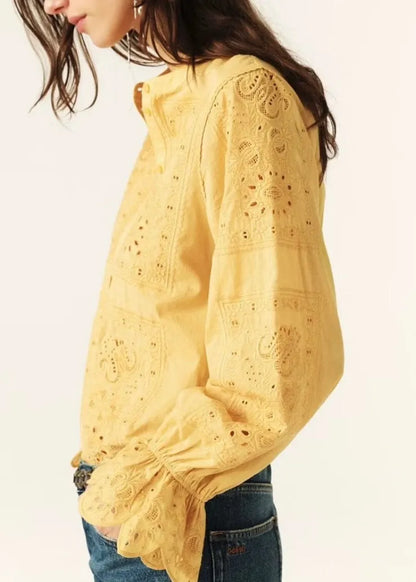 French Yellow Embroidered Button Cotton Shirts Flare Sleeve