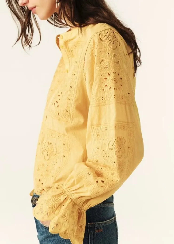 French Yellow Embroidered Button Cotton Shirts Flare Sleeve