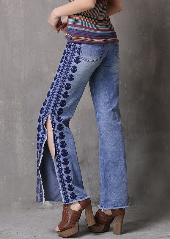 Light Blue Embroidered Side Open Pockets High Waist Jeans Summer