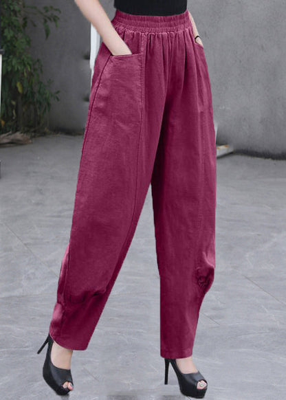 Beige Pockets Elastic Waist Linen Pants Summer
