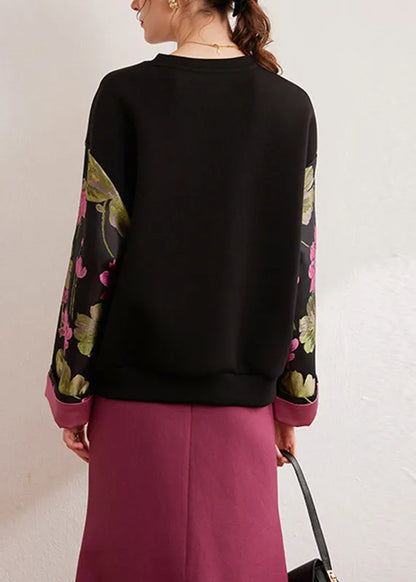 Black O-neck Print Silk Cotton Pullover Fall