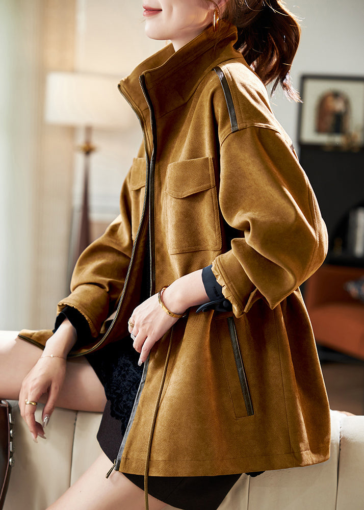 Loose Caramel Stand Collar Drawstring Pockets Cotton Coat Spring