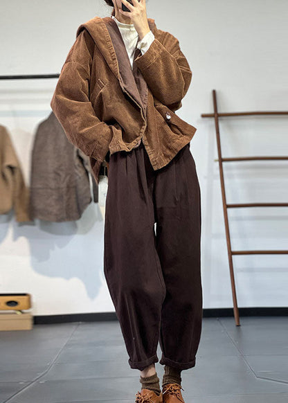 Chocolate Hooded Oversized Pockets Corduroy Coat Spring