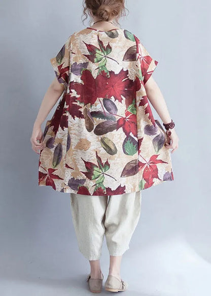 Retro O-neck Print Loose Fall Top Short Sleeve
