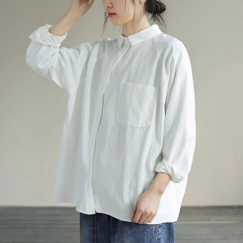 Organic White Tops Blouses Lapel Pockets Loose Spring Blouses