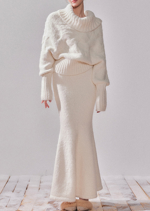 White Turtleneck Patchwork Cotton Knit Sweater and Maxi Dress Two-piece Set Fall