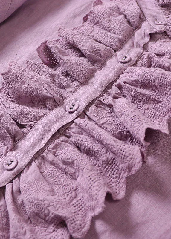 Classy Purple Ruffled Button Linen Shirt Spring
