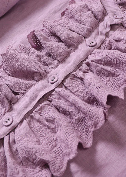 Classy Purple Ruffled Button Linen Shirt Spring