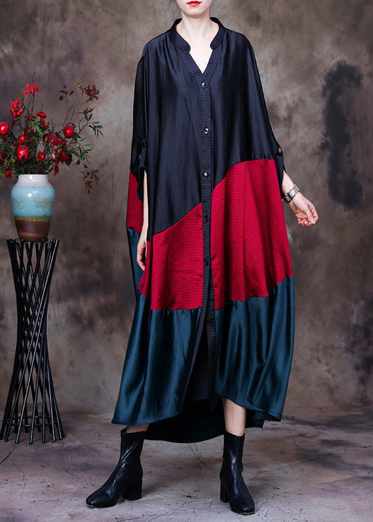Black Red Green Patchwork Low High Design V Neck Button Trench Coat Long Sleeve