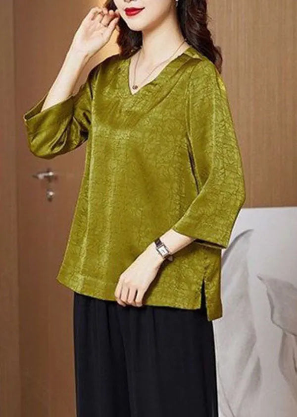 Art Yellow V Neck Patchwork Silk Blouse Top Bracelet Sleeve