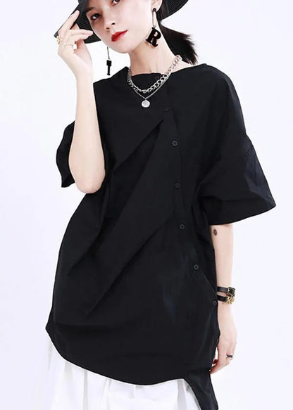 Black O-neck Button Cotton Top Summer