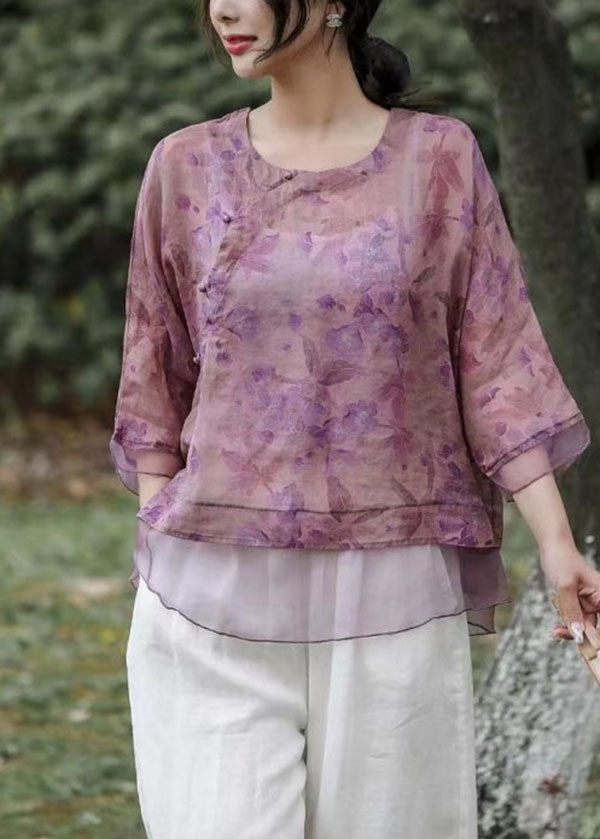 Purple Print Chinese Button Patchwork Linen Top Summer
