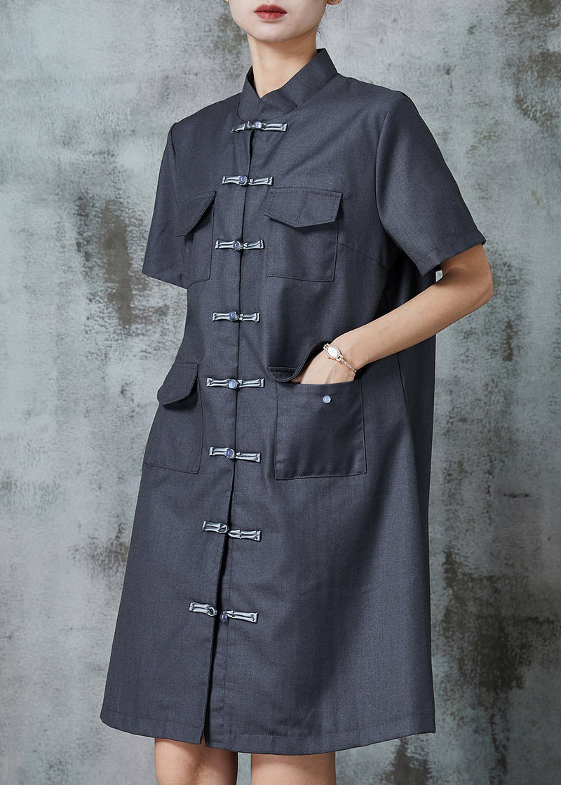 Grey Chinese Button Pockets Linen Dress Summer