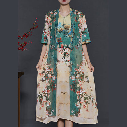 Apricot Print Chiffon Fake Two Piece Dress Summer