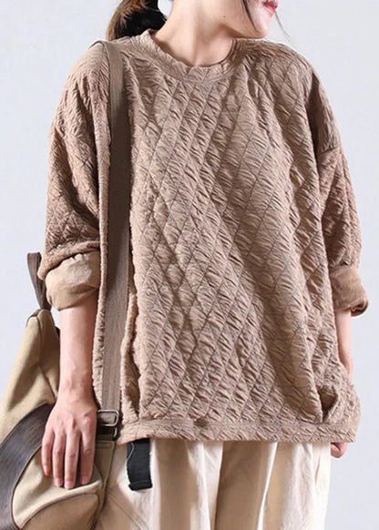 Khaki Loose O-neck Fall Sweatshirt